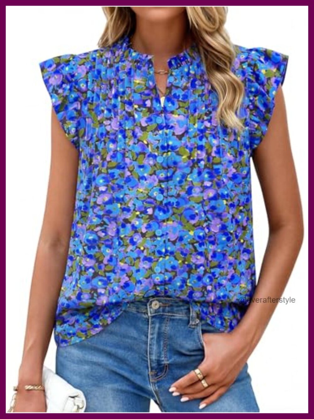 Women's Boho Floral Button Down Blouse Ruffle Cap Sleeve Mock Neck Summer Top